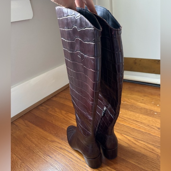 New! $833 Sigerson Morrison Brown Red Knee High Croc Leather‎ block heel boots - Picture 9 of 10